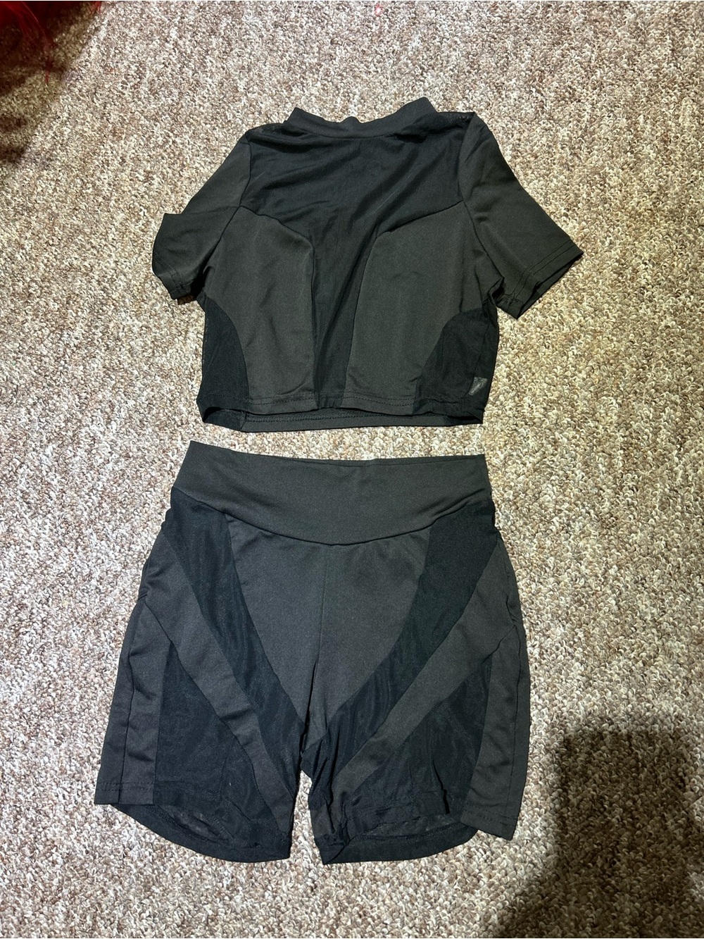 SHEIN Black Mesh-Panel Athletic Crop Top & High-Waist Bike Shorts Set